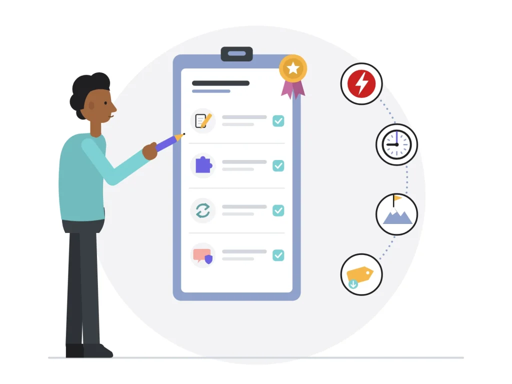 Opérateur back-office cochant les consignes du client (rédaction, intégration, mise à jour, modération) avec les atouts réactivité, disponibilité, obstination et tarifs avantageux