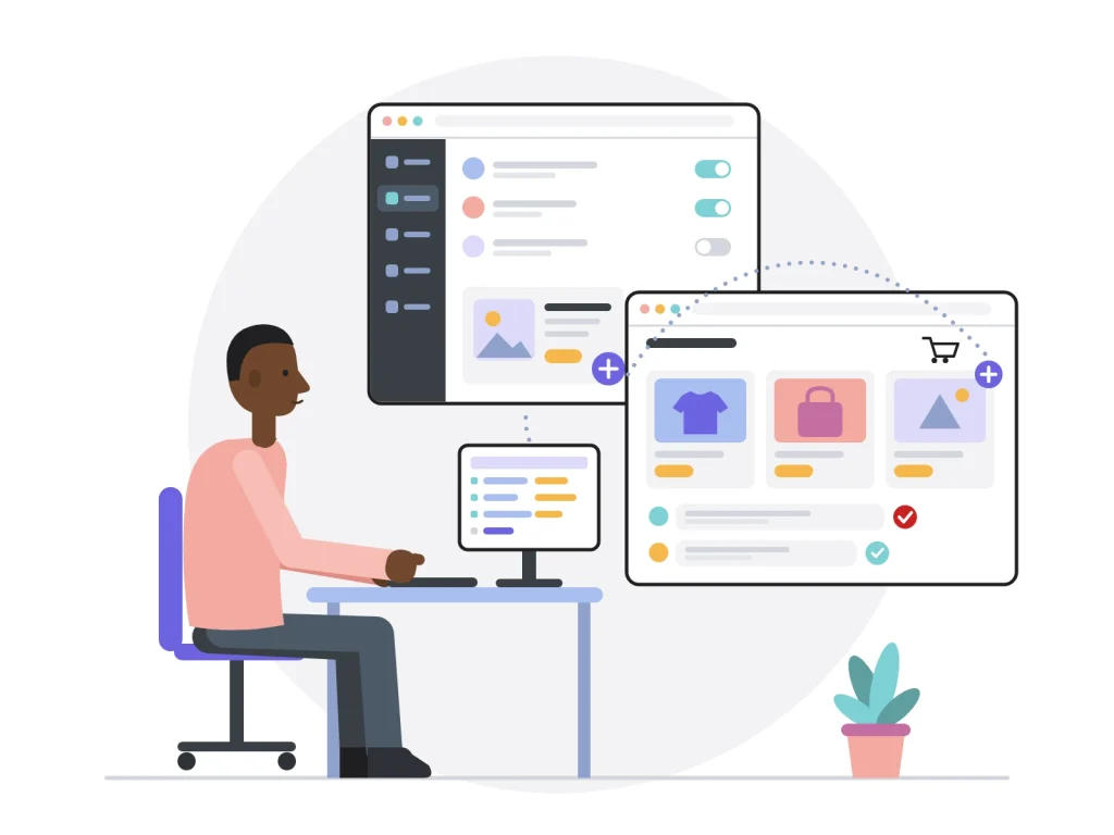 Opérateur back-office gérant l'administration d'un site depuis les coulisses : utilisateurs, ajout de produits et commentaires modérés sur la vitrine en ligne