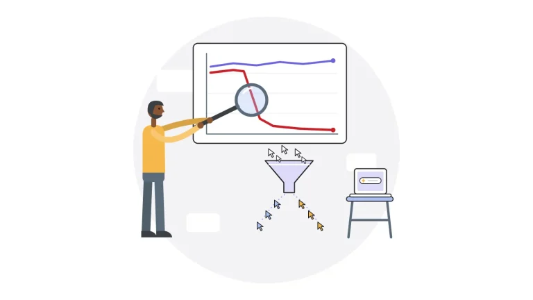 Analyste observant à la loupe une courbe de clics qui chute pendant que la position reste stable