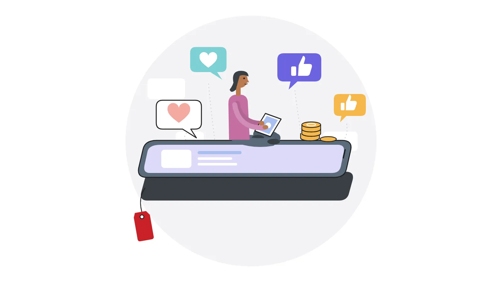 Community manager freelance assise sur un smartphone géant, entourée de réactions, avec une étiquette de prix