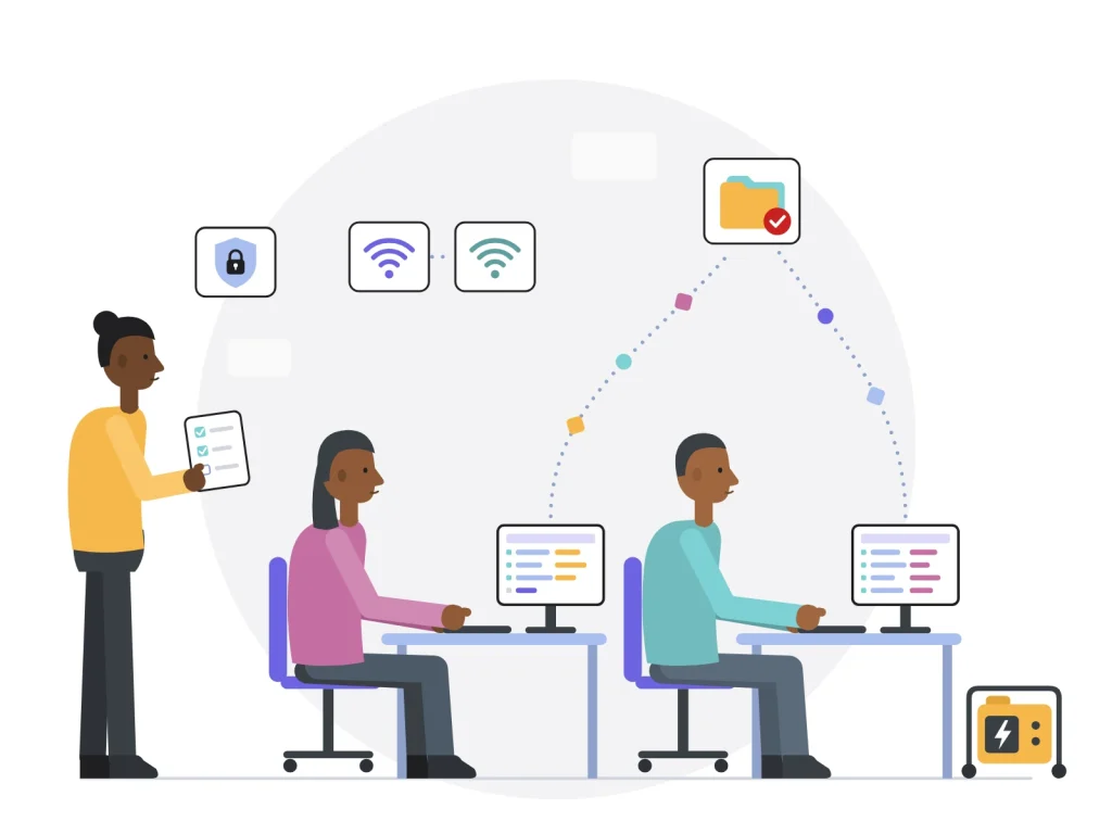 Équipe back-office avec cheffe de projet, double connexion internet et groupe électrogène pour la continuité du service