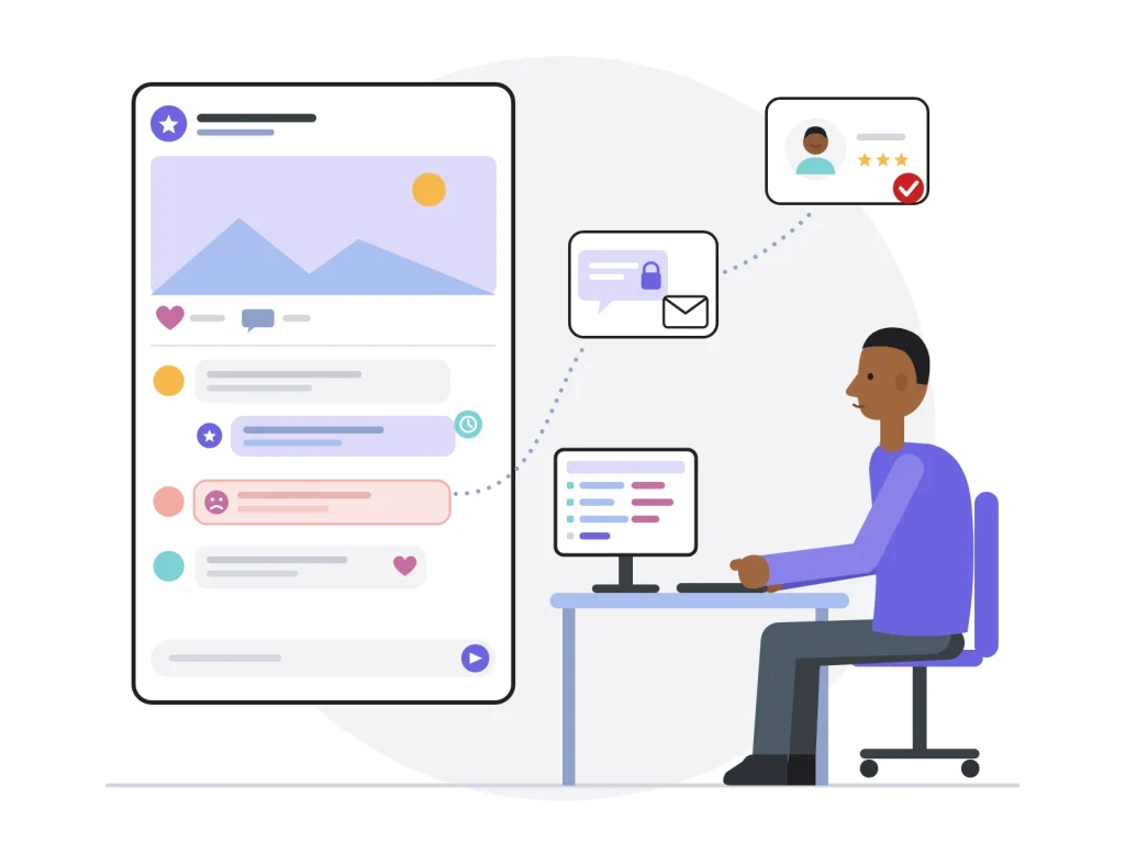 Community manager répondant vite aux commentaires d'une publication et réglant en message privé l'avis d'un client mécontent, qui repart satisfait