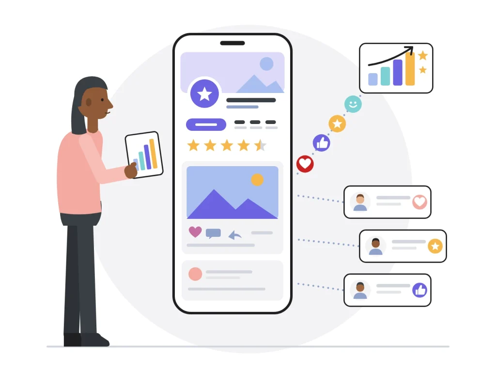 Community manager pilotant le profil d'une marque bien notée sur smartphone : réactions des clients en hausse et réputation qui progresse
