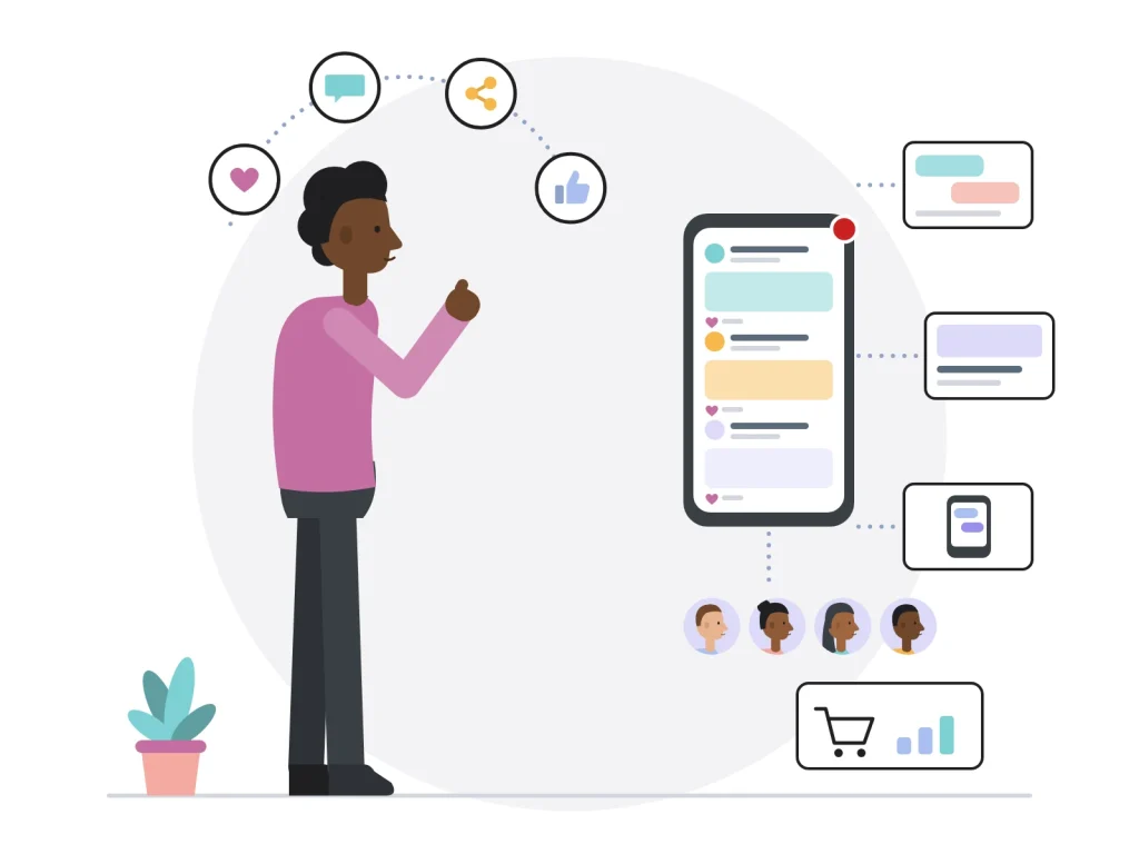 Community manager jonglant avec mentions j'aime, messages et partages pour animer une communauté sur réseaux sociaux, forums, blogs, tchat et SMS, au service des ventes