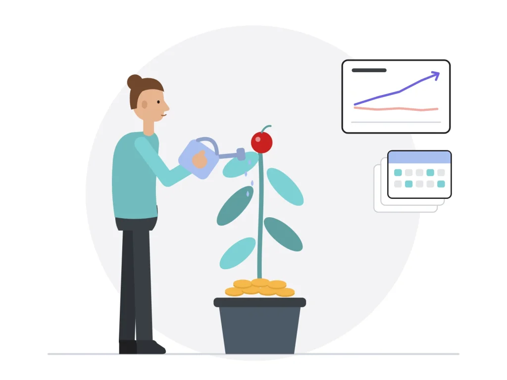 Cliente arrosant une plante qui pousse sur un tas de pièces : un investissement maîtrisé dont la performance grandit, tandis que les coûts restent bas