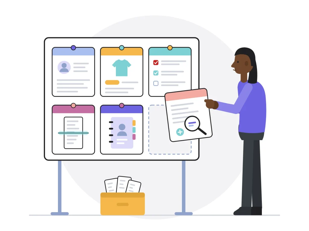 Opératrice de saisie classant des fiches client, produit, questionnaire, document numérisé, annuaire et enrichissement sur un tableau