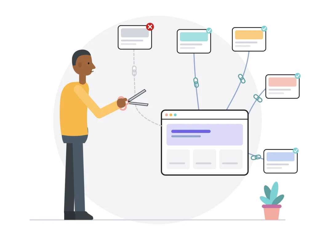 Consultant SEO coupant aux ciseaux le lien toxique d'un site douteux, parmi les liens entrants de qualité qui pointent vers le site du client