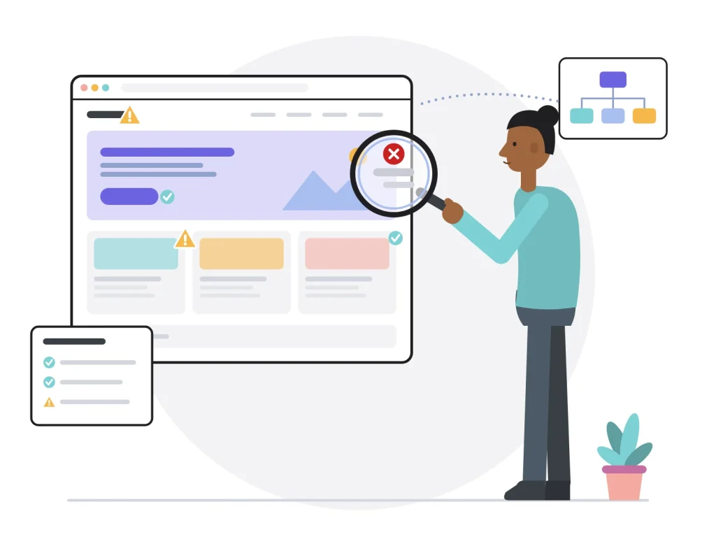Consultante SEO passant un site web à la loupe : structure, balises, contenus et liens, obstacles repérés et recommandations