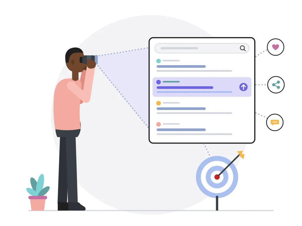 Consultant SEO observant aux jumelles la présence d'un site dans les résultats de recherche et sur les réseaux sociaux pour atteindre son audience cible