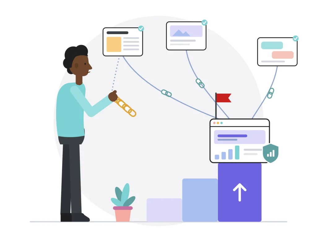 Consultante SEO apportant de nouveaux liens : médias, blogs et forums pointent vers le site du client, qui grimpe sur les marches du classement avec une autorité renforcée