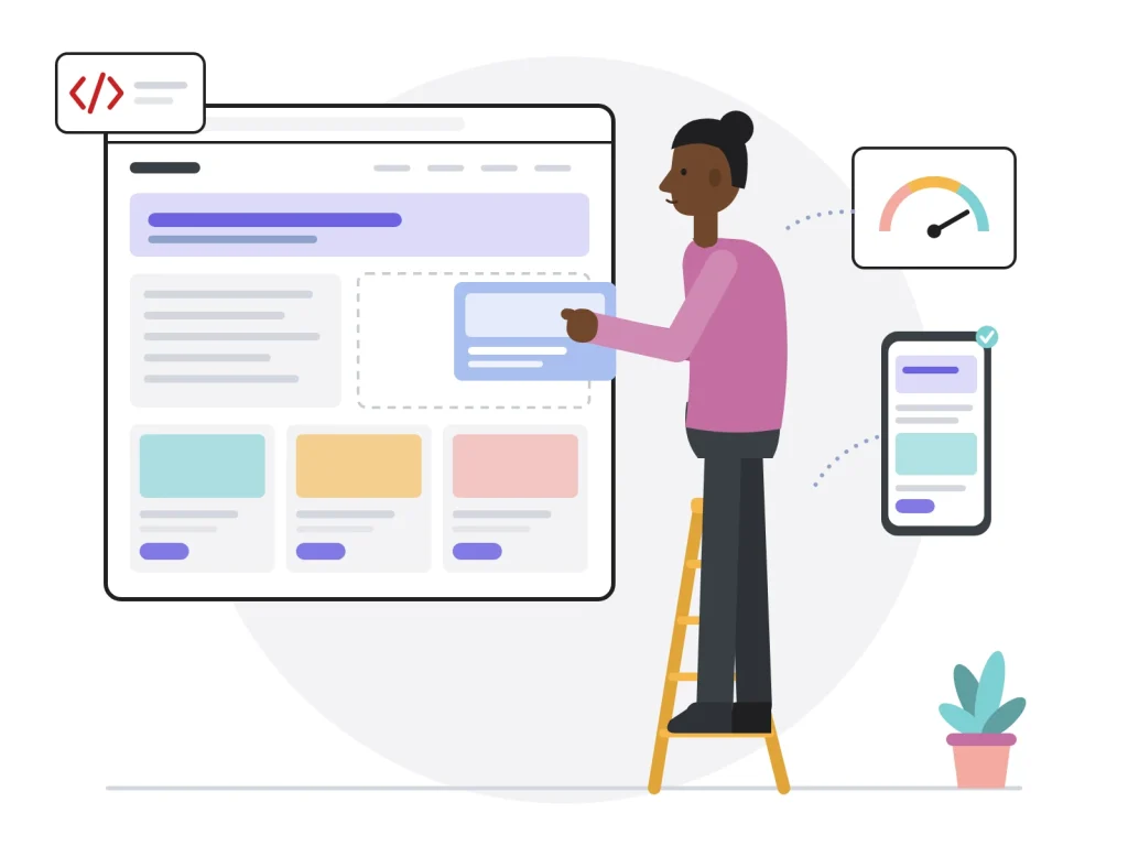 Intégratrice SEO sur un escabeau ajoutant un bloc à la structure d'un site : balises méta, contenus, vitesse et affichage mobile optimisés
