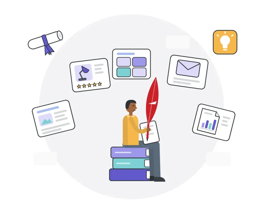Rédacteur web LAPLUME.MG entouré des contenus qu'il rédige : articles de blog, fiches produits, pages catégories, newsletters et livres blancs